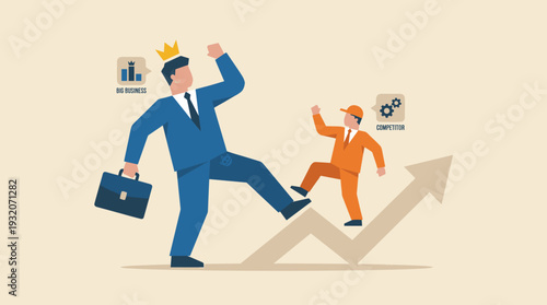Big Business Corporate Giant Being Trampled and Kicked by a Smaller Competitor on a Rising Growth Arrow Graph, Concept of Market Disruption, Rivalry, and Underdog Success in Flat Vector Style