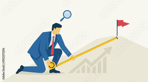 Businessman in a professional suit using a yellow measuring tape to calculate the distance to a red target flag on a hill, representing strategic planning, goal setting, and business performance