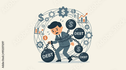 Stressed Businessman Chained to Heavy Debt Balls Symbolizing Financial Crisis and Economic Burden, Professional Trapped in a Cycle of Money Problems and Poor Fund Management Vector Concept