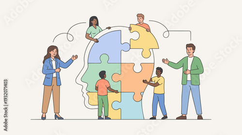 Mental Health Support and Psychology Concept with Diverse People Connecting Jigsaw Puzzle Pieces into a Human Head Shape for Therapy, Counseling, Medical Treatment, and Total Emotional Wellness