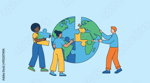 Diverse group of people collaborating to assemble a world globe jigsaw puzzle, symbolizing global unity, international teamwork, partnership, and collective effort for a better future.