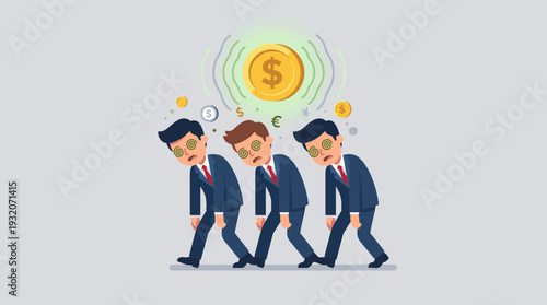 Hypnotized Businessmen Following a Large Glowing Dollar Coin, Concept of Financial Slavery and Greed, Corporate Zombies Obsessed with Wealth and Money, Vector Illustration of Economic Influence