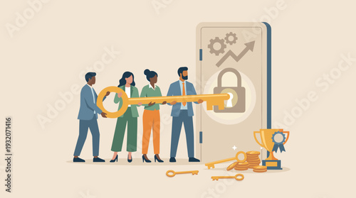 Business Teamwork Concept with Diverse Professionals Holding a Large Golden Key to Unlock Success. Achievement, Growth, and Collaboration to Reach Corporate Goals with Trophy and Wealth Icons.