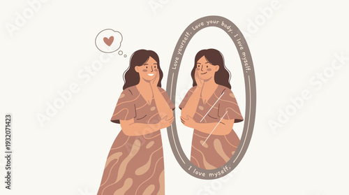 Vector Illustration of a Happy Woman Looking at Her Reflection in an Oval Mirror, Expressing Self Love, Body Positivity, and Confidence, Smiling Female Character Embracing Her Natural Beauty.