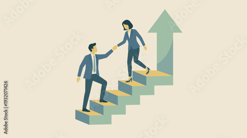 Businessman and businesswoman helping each other climb stairs towards a large upward arrow, symbolizing teamwork, mentorship, career growth, partnership, and professional success in business.