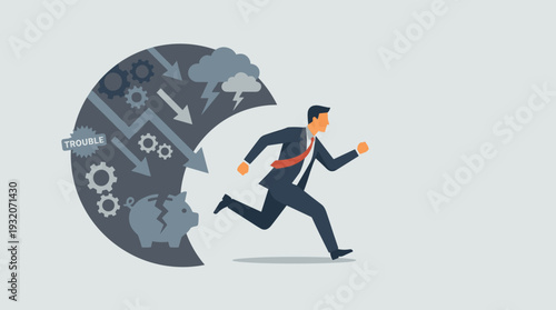 Businessman Running Away from Financial Crisis, Economic Downturn, and Work Stress. Illustration of a Professional Escaping Trouble, Bankruptcy, and Negative Market Trends in Flat Vector Art.