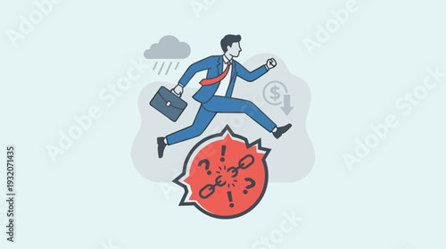 Businessman in Blue Suit Running Away from Financial Crisis and Work Stress, Escaping Economic Problems, Broken Chain and Question Marks Symbolizing Trouble, Professional Avoiding Burnout Concept