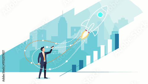Businessman Drawing Path to Launch Rocket for New Business Startup Project, Connecting Dots Strategy Concept with Rising Bar Chart and City Skyline Background, Professional Growth and Success