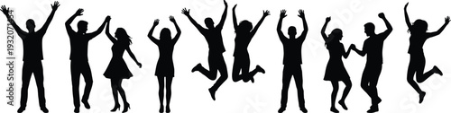 Group of people dancing and jumping silhouette collection, happy men and women celebrating, black vector party figures isolated on white background.