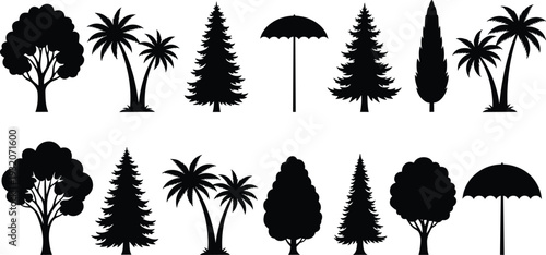 Silhouettes of diverse trees and umbrella, palm, conifer, broadleaf, cypress shapes, vector illustration, nature design, environmental concept, botanical art