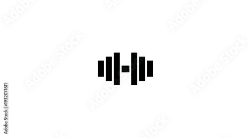 Black and white barbell icon, central to the image, set against a vast white background