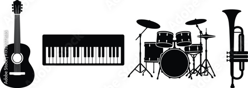Musical instrument silhouette set featuring guitar, piano keyboard, drum kit and trumpet, black vector music icons isolated on white background for band and orchestra design.
