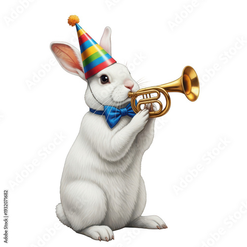 A white rabbit wearing a party hat plays a trumpet isolated on transparent background