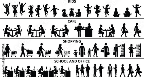People silhouette collection featuring kids playing, cafe scenes, shopping activities and school office workers, black vector icons isolated on white background.