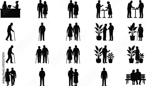 Senior people silhouette collection featuring elderly couples, walking with cane, standing, talking and sitting, black vector icons isolated on white background.