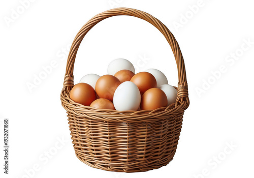 A wicker basket filled with brown and white eggs isolated on transparent background