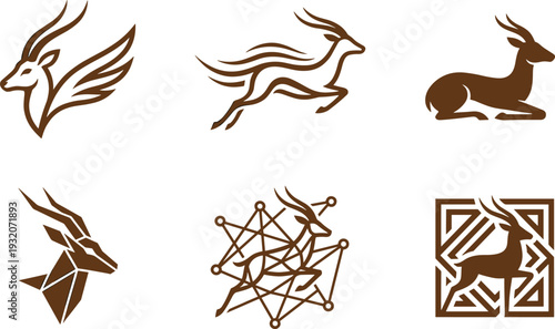 Stylized antelope and deer logo collection featuring winged gazelle, geometric polygon stag, running and resting silhouettes, modern vector animal icons in brown minimalist design.