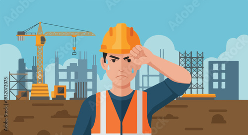 A distressed construction worker in a hard hat and safety vest wipes a tear, standing before a busy construction site with a crane and incomplete buildings.