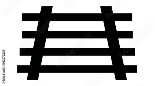 A black and white graphic depicting a simple railway track, with horizontal and angled lines