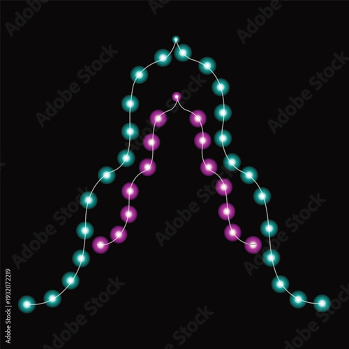 A string of colorful lights in the shape of a triangle on a black background with pink and green hues
