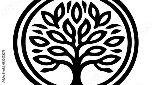 A stylized tree with branches and leaves is contained within a circle border