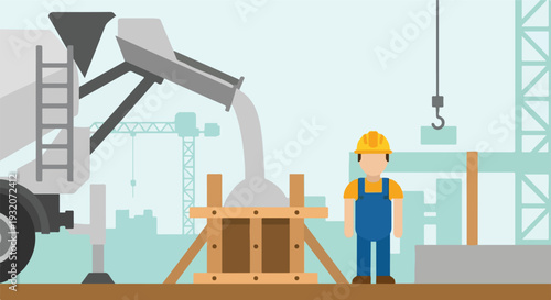 A flat vector illustration depicts a construction site where a concrete mixer truck pours material into wooden formwork, with a worker observing the process.