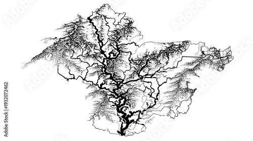 A stylized black and white map of a geographical region with thick lines & textured areas