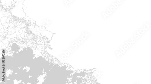 A grayscale, abstract depiction of land and water features, showcasing a detailed coastline