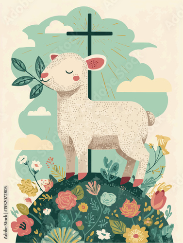 Peaceful lamb with a branch on a floral hill before a Christian cross. Flat, naive vector art with a pastel color palette. Gentle, spiritual mood, perfect for Easter or religious themes