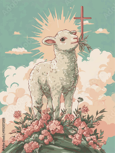 Religious vector illustration of the Lamb of God. A symbol of peace and sacrifice in Christianity, the lamb holds an olive branch before a cross. Vintage style with a soft pastel color palette.