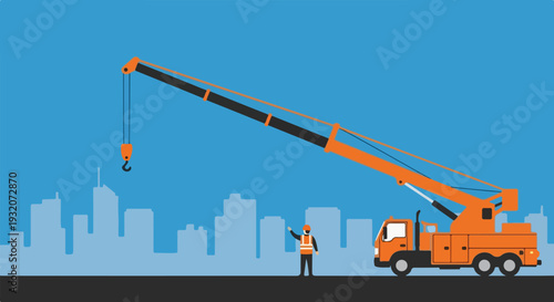 An orange mobile crane with an extended boom and a signaling construction worker stand on a road with a city skyline in the background.
