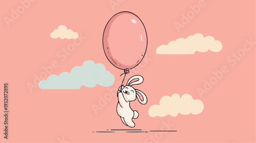 A happy cartoon bunny flies, holding a large pink balloon in a pastel sky. This cute, naive vector illustration has a joyful, dreamy mood. Ideal for Easter, children's designs, and greeting cards.