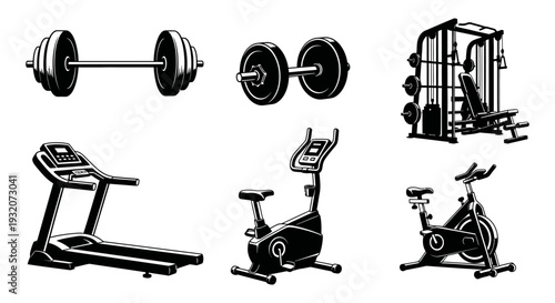 a comprehensive set of monochrome vector illustrations featuring various gym equipment and fitness machines.
