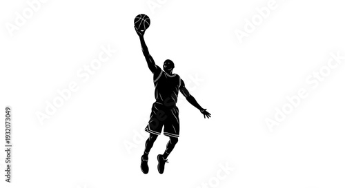 a male basketball player in action jumping with the ball for a powerful shot perfect for sports and fitness promotion.