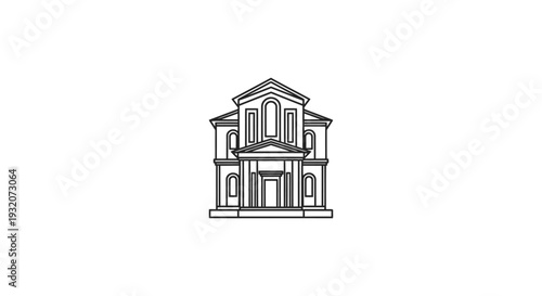architectural black and white line art illustration of a classical church or temple facade ideal for design projects and historical concepts.