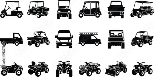 Utility vehicle silhouette collection featuring golf carts, pickup trucks, vans and ATVs, black vector transport icons isolated on white background.