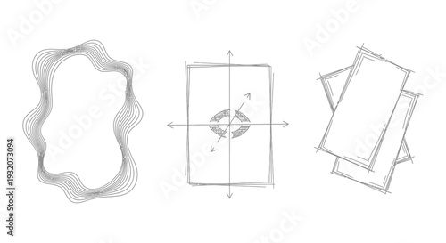 conceptual illustrations of abstract data processing design frameworks and information organization in a sketchy style.