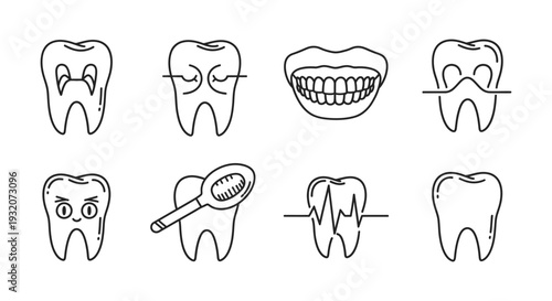 dental health and care line icons collection illustrating tooth problems treatment and check-ups for dentistry concepts.