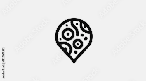 Stylized black and white emblem, a teardrop shape with abstract internal patterns and a black border