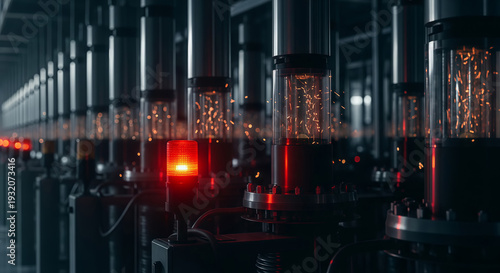 Row of gas centrifuges enriching uranium for nuclear power or weapon production. A single red warning light flashing. Atomic energy technology, global crisis concept.