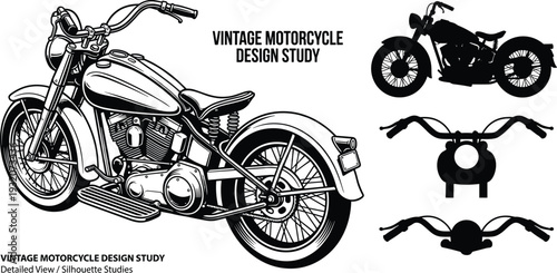 Vintage motorcycle design study featuring detailed classic bike illustration with silhouette views and handlebar variations, black vector artwork isolated on white background.