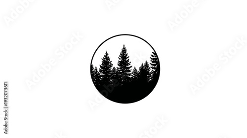 Silhouetted forest scene within a circular frame, showcasing coniferous trees against a white background