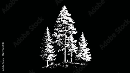Black and white illustration of several pine trees clustered together on a dark background