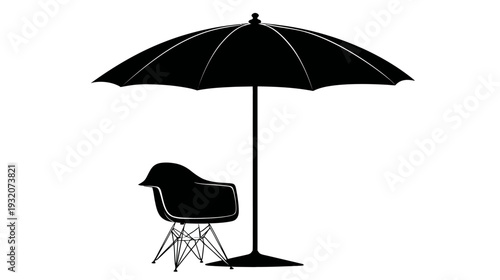 A stark, high-contrast illustration featuring a large umbrella and a designer chair