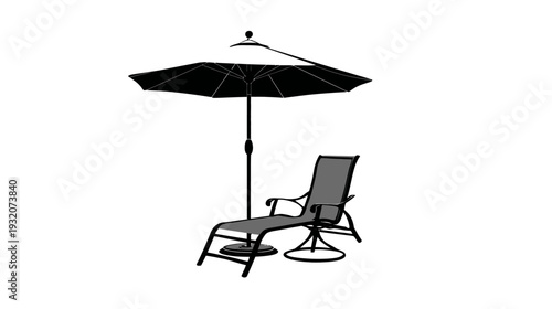 A grayscale illustration of a sun umbrella, with a reclining chair and a rotating base