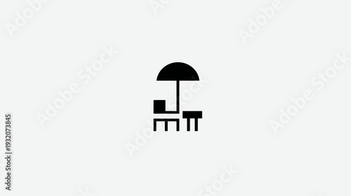 Simplified, black minimalist depiction of a small outdoor table and chairs under an umbrella