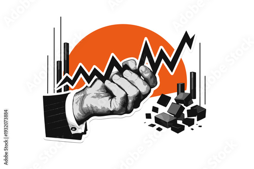 Vintage black and white businessman hand holding a fluctuating zigzag stock line like a physical object, exaggerated sharp peaks and drops, orange semicircle