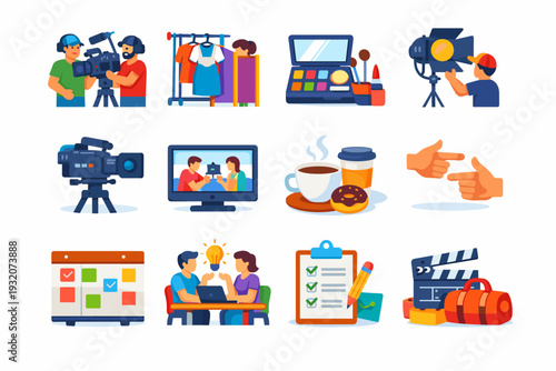 Behind the Scenes. Colorful flat vector icons set of Behind the Scenes: candid crew shot, wardrobe change, makeup kit open, lighting adjustment, camera setup,