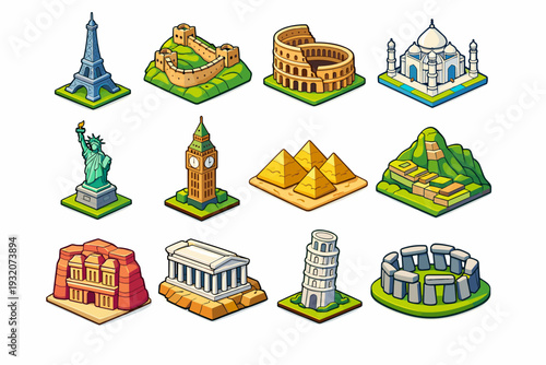 Historical Landmarks. Colorful isometric vector icons set of Historical Landmarks: Eiffel Tower, Great Wall of China, Colosseum, Taj Mahal, Statue of Liberty,