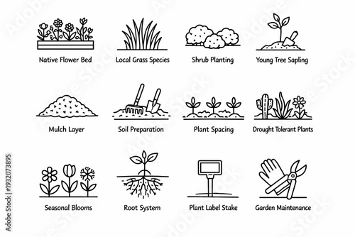 Native Plant Landscaping. Line icon set of Native Plant Landscaping: native flower bed, local grass species, shrub planting, young tree sapling, mulch layer,